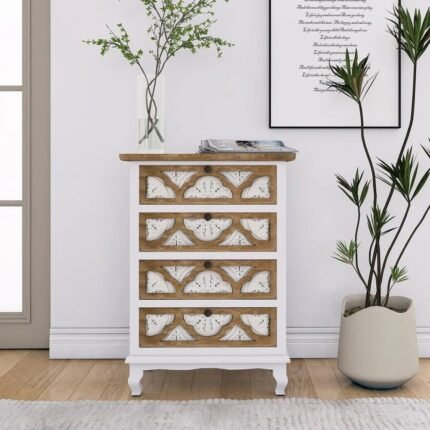 Vintage Style Chest of 4 Drawers | White+Natural Wood