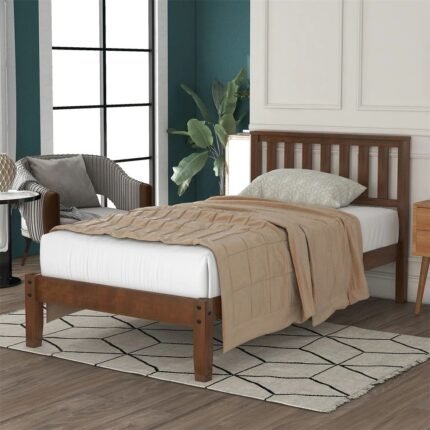 Solid Wood Bed with Headboard and Slat Support