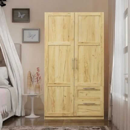 Wooden High Wardrobe with 2 Drawers and 5 Storage Spaces